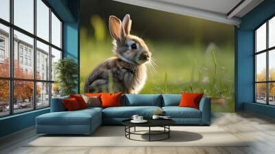 Adorable rabbit nestled in lush green grass Wall mural