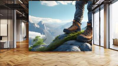 Adventurer immersed in breathtaking landscapes with hiking boots on display Wall mural