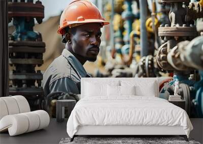 African-American worker in uniform and helmet operating valve at gas extraction plant Wall mural