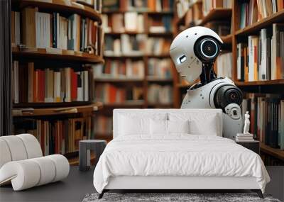 AI robot engrossed in reading amidst a library filled with books on every shelf Wall mural