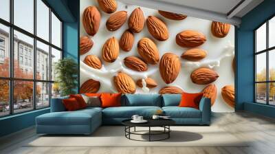 Almonds Cascading in Milk Splashes on a White Canvas Wall mural