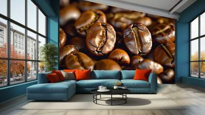 Aromatic Coffee Beans Transforming Through Roasting and Grinding for Ideal Flavor and Rich Crema Wall mural