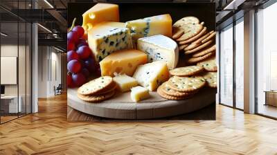 Artful cheese platter featuring red grapes, savory crackers, and rich cheddar slices Wall mural