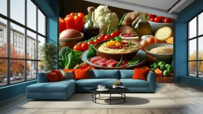 Artful culinary display of vibrant gourmet ingredients showcasing the beauty of healthy cooking techniques Wall mural