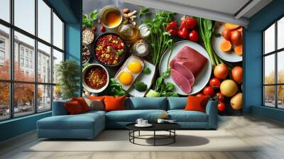 Artful culinary display of vibrant gourmet ingredients showcasing the beauty of healthy cooking techniques Wall mural