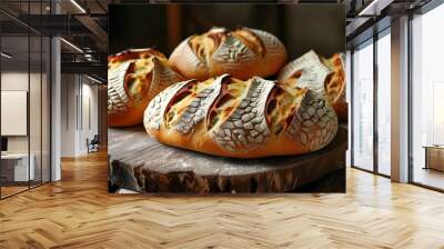 Artisan Bread Displayed on Rustic Wooden Board Wall mural