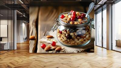 Artisanal granola blend featuring almonds, cranberries, chia seeds, and oats displayed in glass jar on rustic wooden table Wall mural