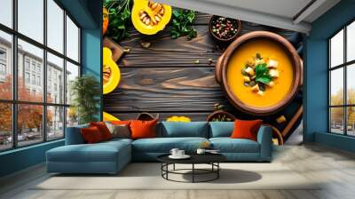 Autumn-inspired pumpkin soup with vibrant vegetarian ingredients and rustic kitchen utensils on a wooden surface, celebrating healthy vegan cuisine Wall mural