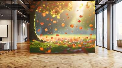 Autumn rain highlights vibrant colors of leaves adorned with glistening raindrops Wall mural