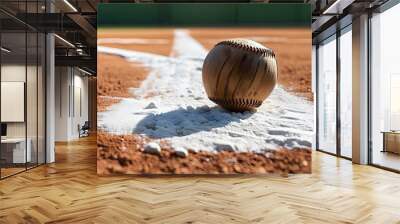 Baseball resting on white chalk line with ample clear space for text or design in sports-themed concept Wall mural