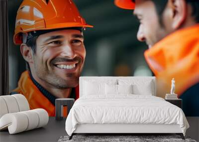 Beaming male worker in vibrant orange safety gear showcasing determination and professionalism in a close-up portrait Wall mural