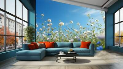 Blossoming Meadow Under Serene Blue Sky in Beautiful Spring Season Wall mural