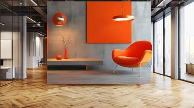 Bold Orange Accent Chair in Minimalist Interior with Abstract Hanging Lights and Modern Decor Elements Wall mural