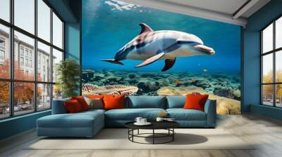 Bottlenose Dolphins Reviving Lush Coral Reef in Tropical Ocean Environment Wall mural