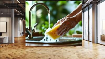 Bright kitchen scene featuring hands washing dishes with a soapy sponge under a running faucet, surrounded by vibrant green plants. Wall mural