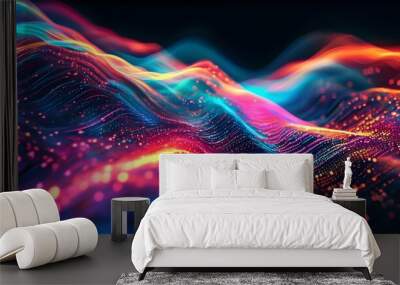 Captivating vibrant digital abstract art with glowing particles and dynamic waves for an immersive visual experience Wall mural