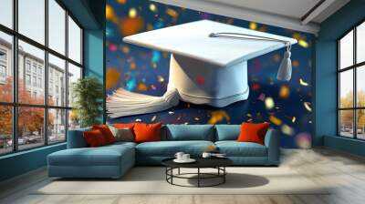 Celebratory white graduation cap with tassel amidst colorful confetti on a vibrant blue backdrop, representing academic success and achievement. Wall mural