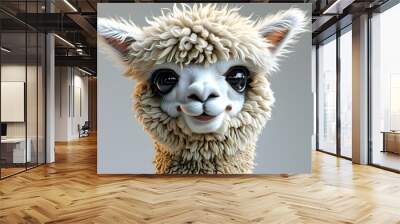 Charming 3D depiction of a fluffy baby alpaca with large round eyes and soft fur on a pristine white canvas Wall mural