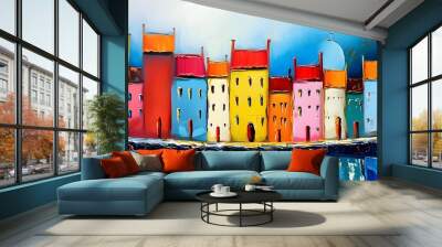 charming abstract oil painting of a whimsical town landscape with vibrant colors and decorative elements Wall mural