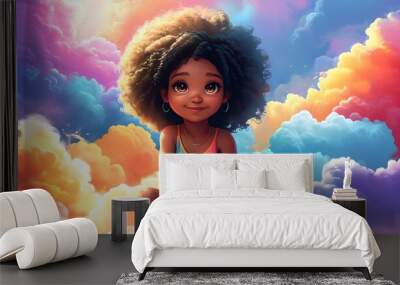 Charming African girl surrounded by vibrant clouds in a whimsical, generative AI landscape Wall mural