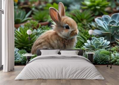 Charming Bunny Rabbit Nestled Among Lush Green Succulents, Embodying Natures Innocence and Serenity Wall mural