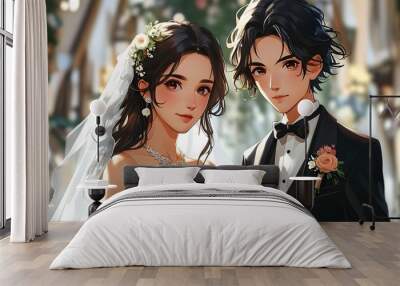 Charming cartoon couple in wedding attire, bride in white dress with floral bouquet and groom in black suit with bow tie, celebrating love and joy Wall mural