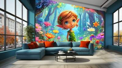 Charming cartoon elf in a vibrant garden filled with whimsical flowers and enchanted trees in a magical forest setting Wall mural