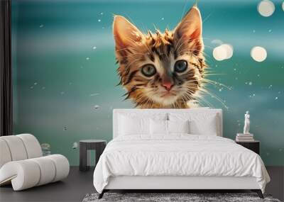 Charming cat standing on hind legs, delighting in a summer ocean bath with playful splashes and sunny vibes Wall mural