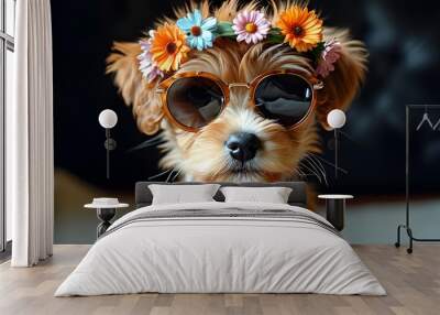 Charming Close-Up of a Playful Dog in a Flower Crown and Sunglasses Wall mural