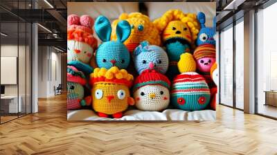 Charming display of vibrant handmade knitted toys on a bed, radiating warmth and creativity with unique designs and cheerful expressions Wall mural