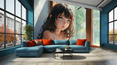 Charming girl with bright eyes perched on a window frame in captivating digital art style with vibrant anime aesthetic Wall mural