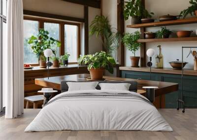 Charming kitchen featuring a wooden island and a countertop adorned with a vibrant potted plant Wall mural