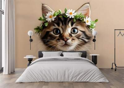 Charming kitten adorned with a flower crown against a soft beige background, embodying spring beauty and perfect for festive invitations and greeting cards Wall mural