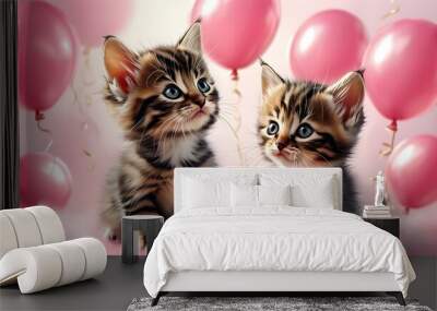 Charming Kittens with Pink Balloons on a Soft Background for Valentines Day Greetings and Invitations Wall mural