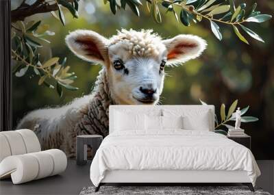 Charming lamb nestled beneath an olive tree adorned with delicate blossoms Wall mural