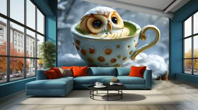 Charming latte art featuring an adorable owl design in matcha green tea, set against a snowy ground backdrop Wall mural