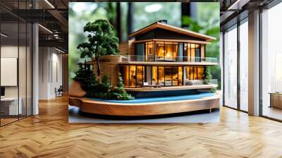 Charming Miniature Wooden House Model Presented by Real Estate Agent as an Investment and Lifestyle Opportunity Wall mural