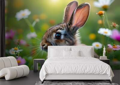 Charming rabbit amidst a vibrant spring blossom field Wall mural