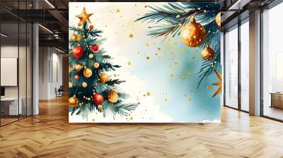 Charming watercolor depiction of Christmas trees embellished with ornaments, golden stars, and twinkling lights on a gentle background Wall mural