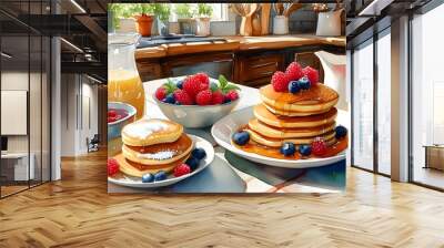 Charming watercolor illustration of a delightful breakfast spread featuring pancakes, syrup, and fresh berries on a warm kitchen table Wall mural