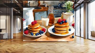 Charming watercolor illustration of a delightful breakfast spread featuring pancakes, syrup, and fresh berries on a warm kitchen table Wall mural