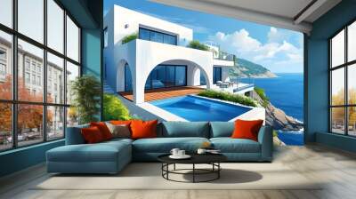 Charming White Villa Overlooking a Stunning Blue Seascape Wall mural