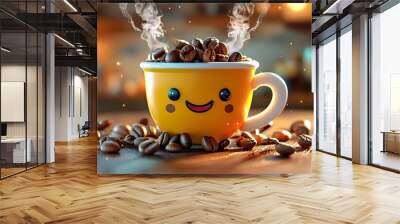 Cheerful coffee bean character spreading joy with steam rising from a full cup, creating an adorable and delightful coffee experience Wall mural