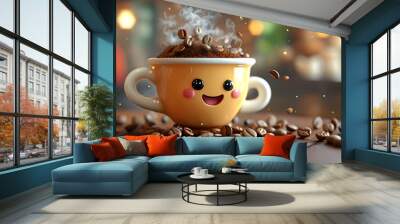 Cheerful coffee bean character spreading joy with steam rising from a full cup, creating an adorable and delightful coffee experience Wall mural