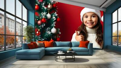 Cheerful girl in Santa hat and Christmas sweater giving a thumbs up against a bright red backdrop Wall mural