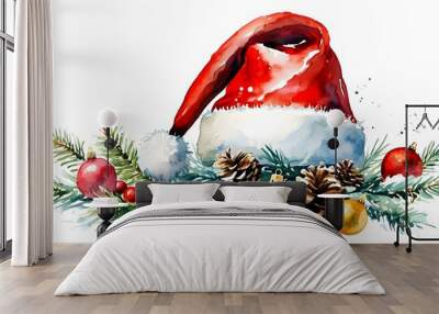 Cheerful watercolor Santa hats on a white background celebrating the festive spirit of Christmas and the joy of the holiday season Wall mural