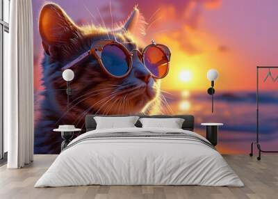 Chic cat in sunglasses enjoying a sunset beach scene with vibrant retrowave and synthwave vibes, perfect retrofuturism illustration for summer vacation designs Wall mural