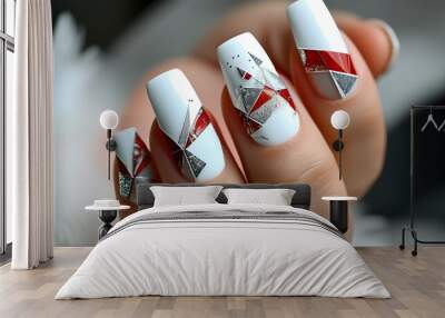 Chic geometric nail art with white, red, and silver patterns Wall mural