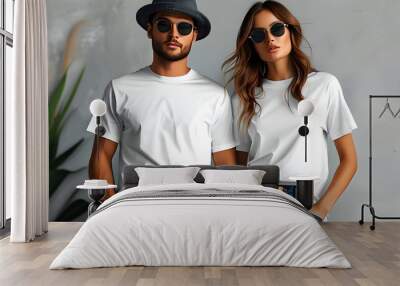 Chic T-Shirt Mockup Display for Showcasing Unique Designs on Versatile White Tees for Both Men and Women Wall mural