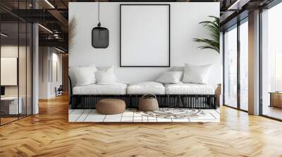 Chic white interior featuring black poster frame and stylish decor accessories in an inviting atmosphere Wall mural